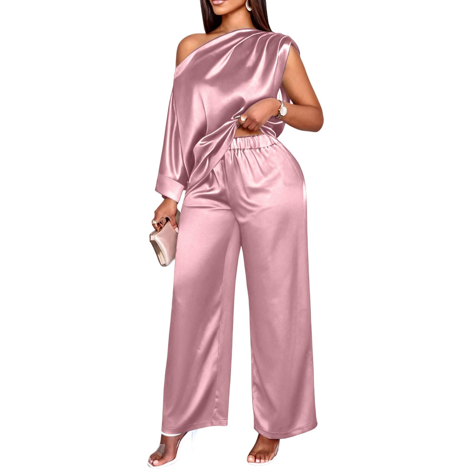 

Women s Fashionable Casual Color Satin Asymmetrical Neck Top And Casual Pants Two,Piece Set XL рожевий