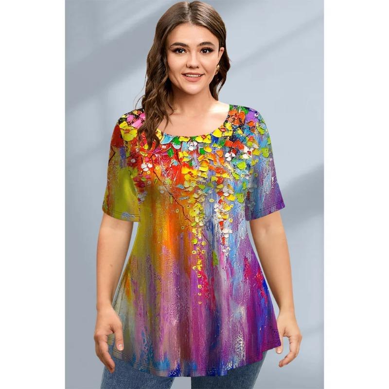 Large Size Loose Fit Women's T-shirt Summer Short Sleeve Crewneck Tshirt Flower 3d Print Top Oversized Ladies Clothing T-Shirts Women’s