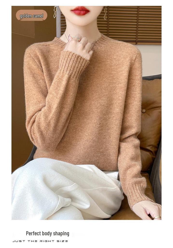 Women's Round Neck Long Sleeve Cashmere Wool Sweater - Autumn/Winter Fashion Layer