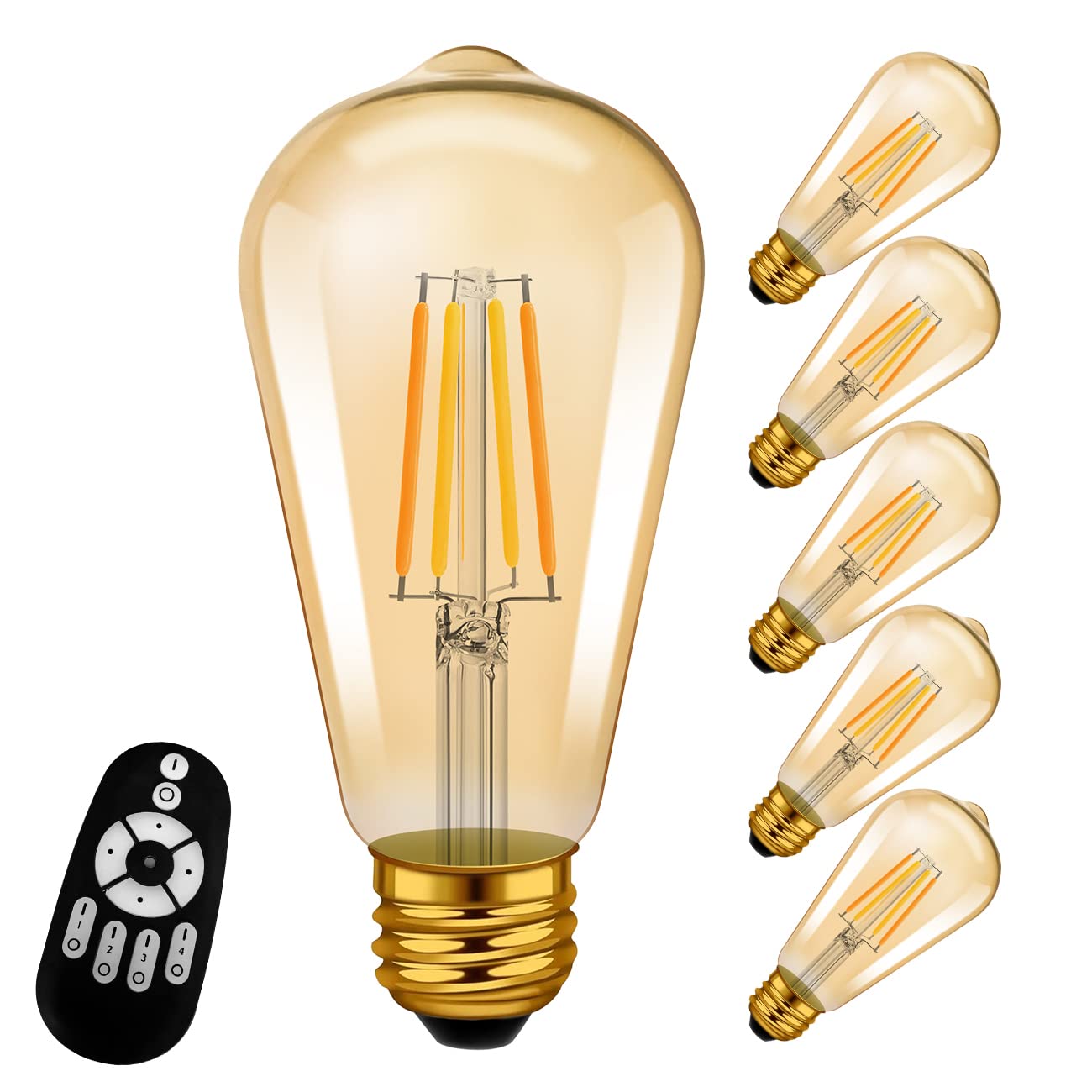 

PNRLUX 60W Equivalent Filament Bulb, E26 Base, LED Bulb, 600LM, Dimmable, Color Adjustable, Set of 6 with Remote Control, Brown, 6W Power