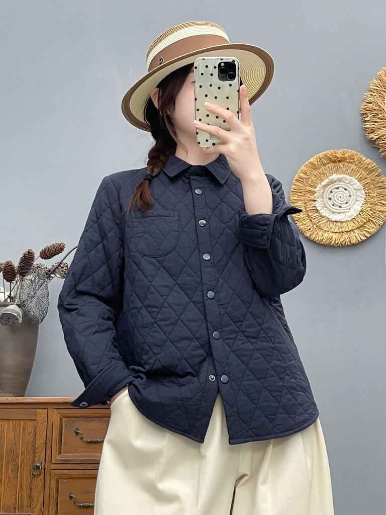 Veste chemise matelassée à motif losanges pour femme Automne/Hiver 2025 avec col pointu - Haut de base chaud décontracté
