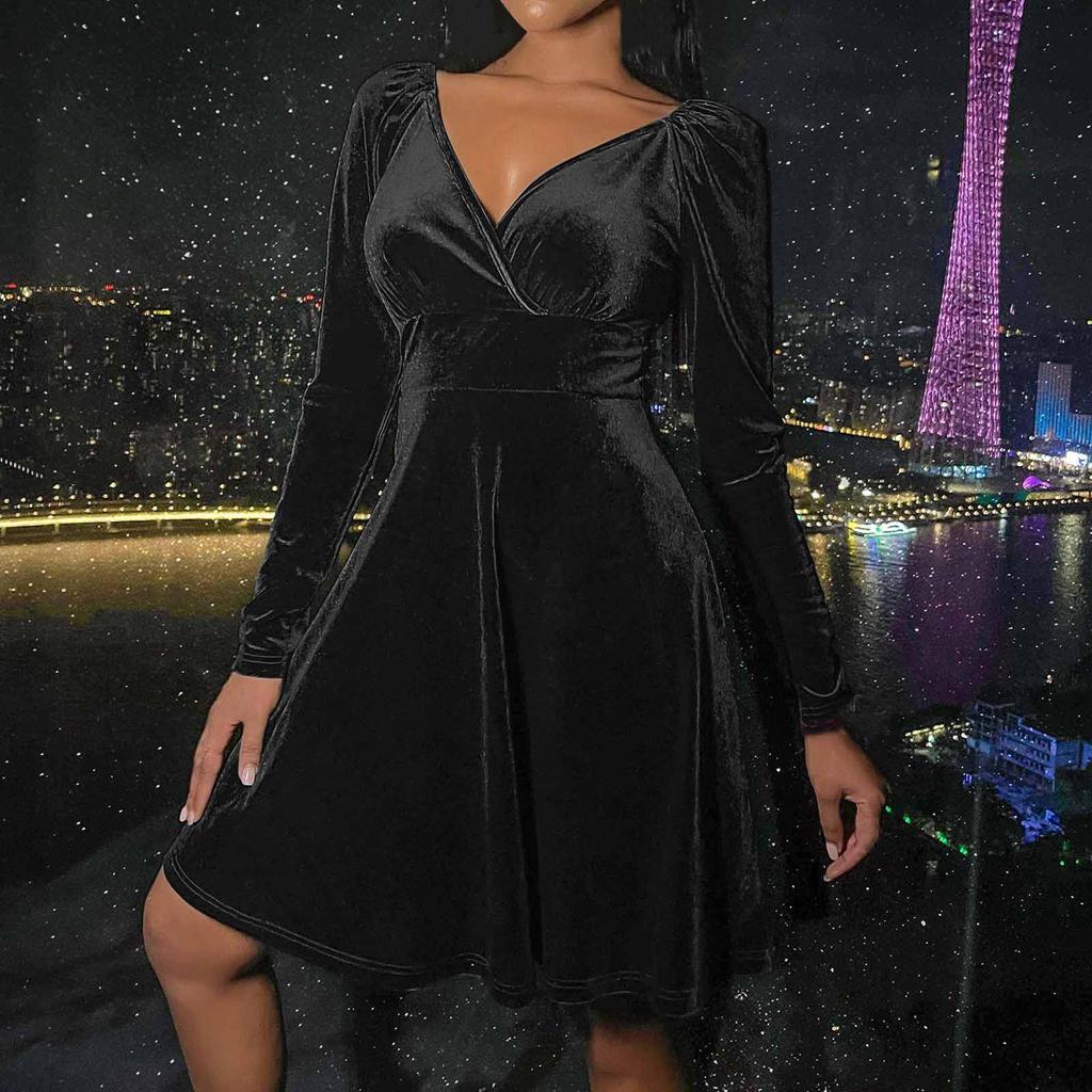 Dámská móda A Zimní Sexy Sametové Šaty s Výstřihem do V Malé Šaty