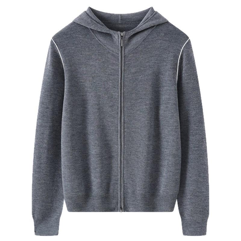 2026 Spring/Summer Women's Fine Wool Hooded Knit Cardigan - Solid Color, Double Zipper Design.
