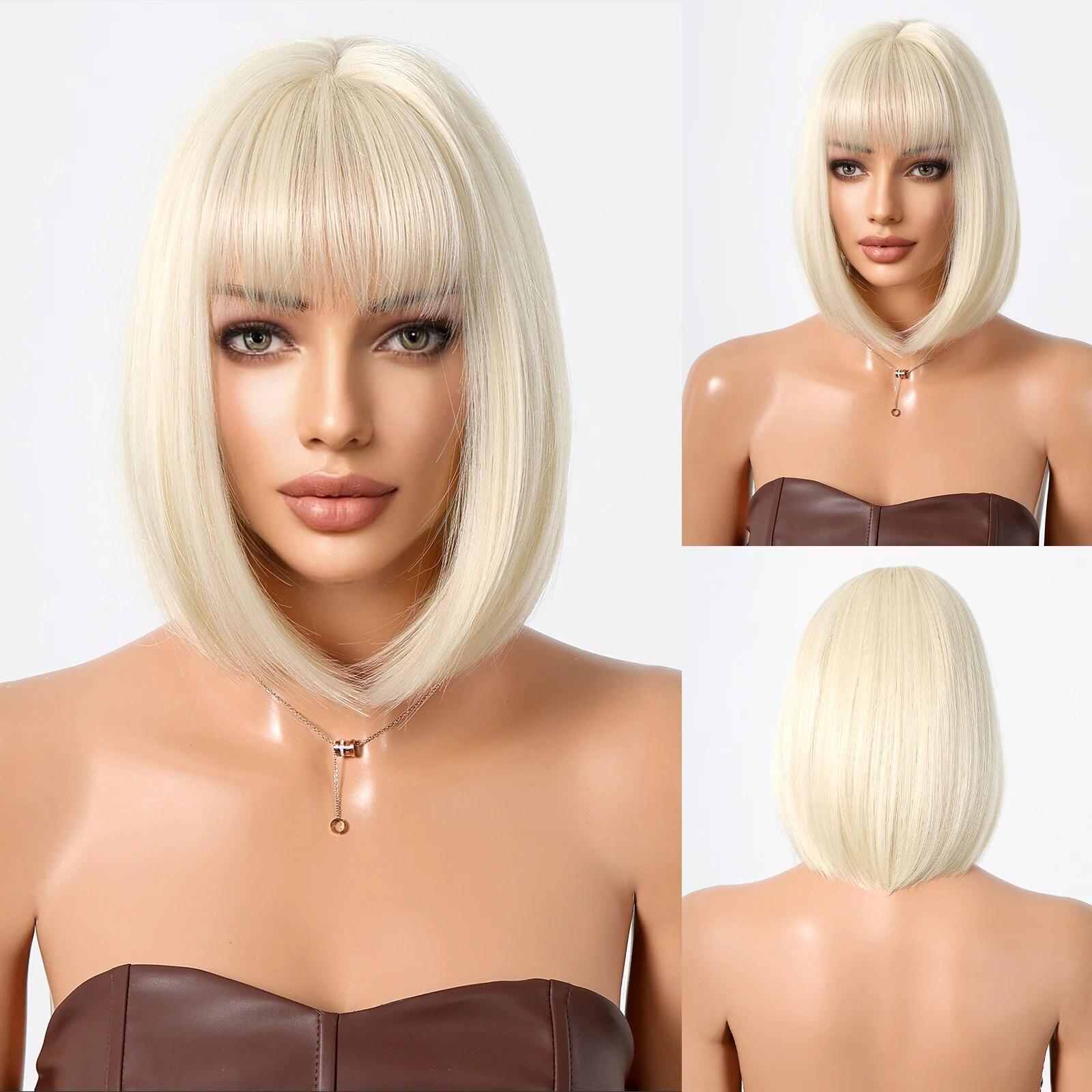 

AlAN EATON Перука з коричневим і світлим волоссям Ombre з чубчиком для жінок Короткі прямі перуки боб для косплею Перуки з термостійкого волокна