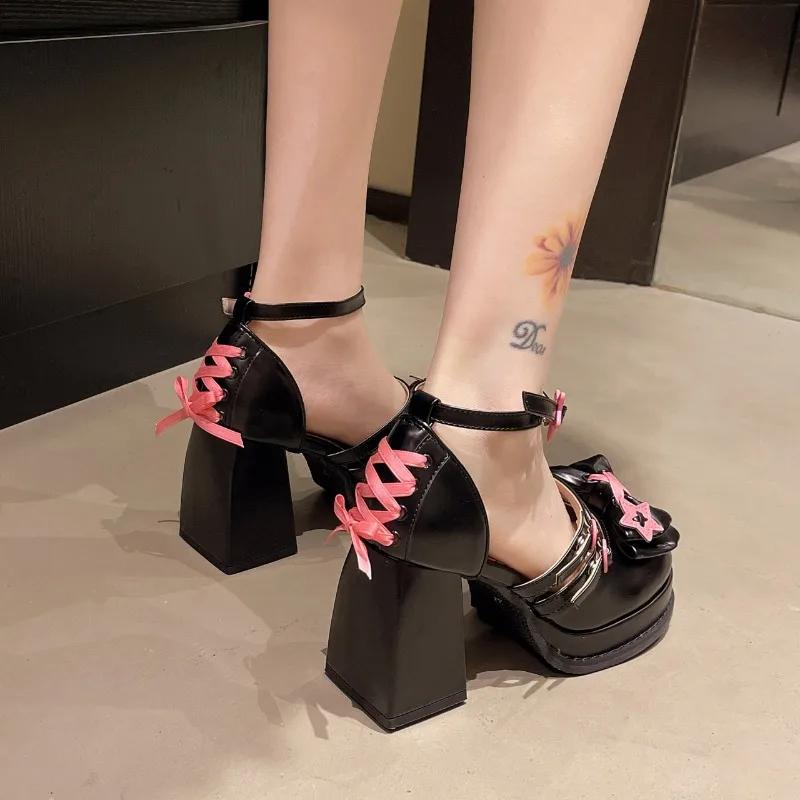 Fashion 2025 New Cross-tied Mary Janes High Heel Square Heel Personality Ladies Shoes On Sale Fashion Buckle Strap Girl Party Pumps