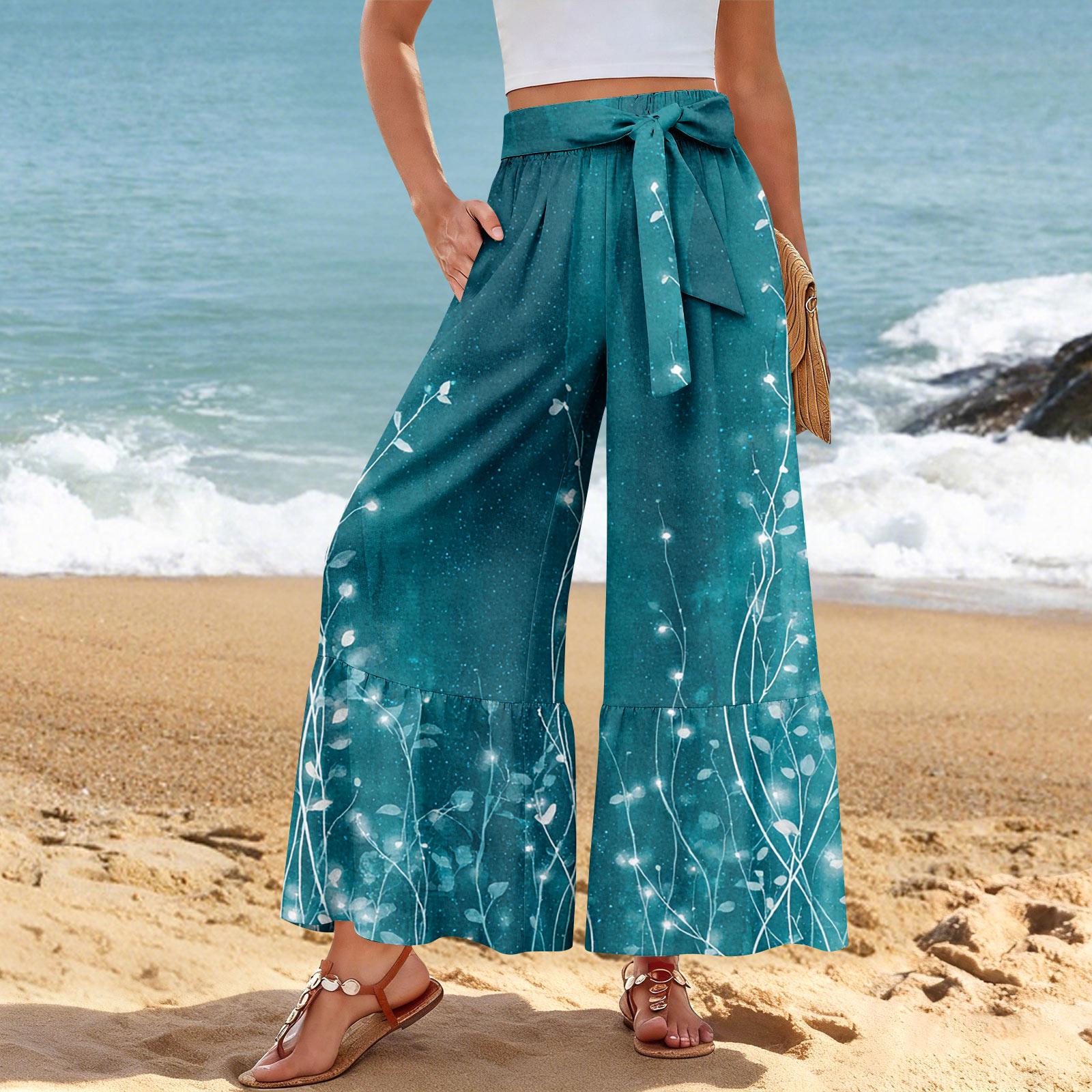 

Women s Wide-Leg Casual Pants, Stretch, High Waist, Ruffled Hem, Wide Legs, Belted, And Pockets XL небо синє кольору