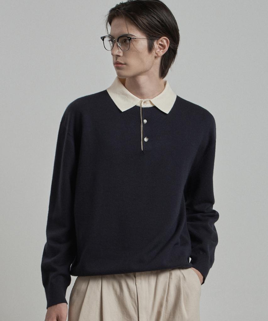 WORK ON BODY OFF Par Semi-Overfit Two-Tone Collar Knit [Navy]