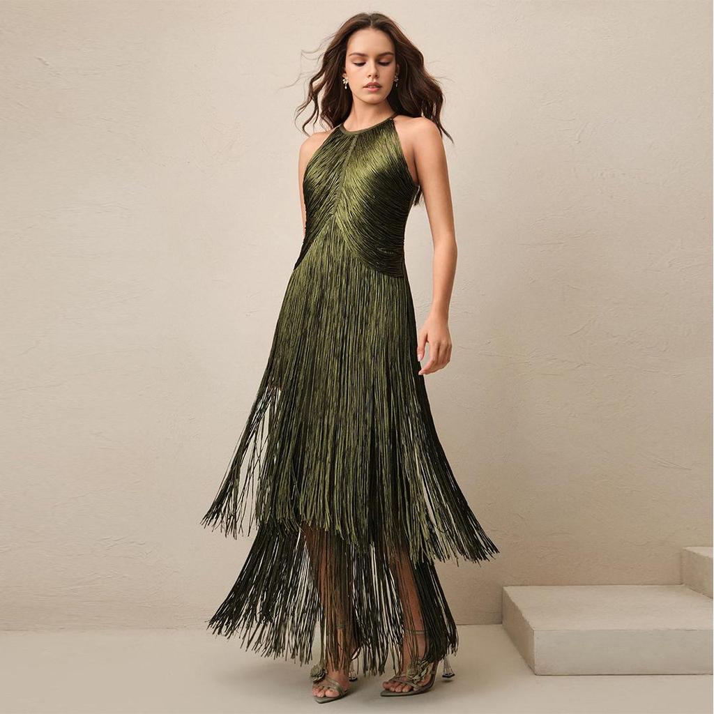 Women's Tassel Sleeveless Waist-Cinching Bandage Evening Gown