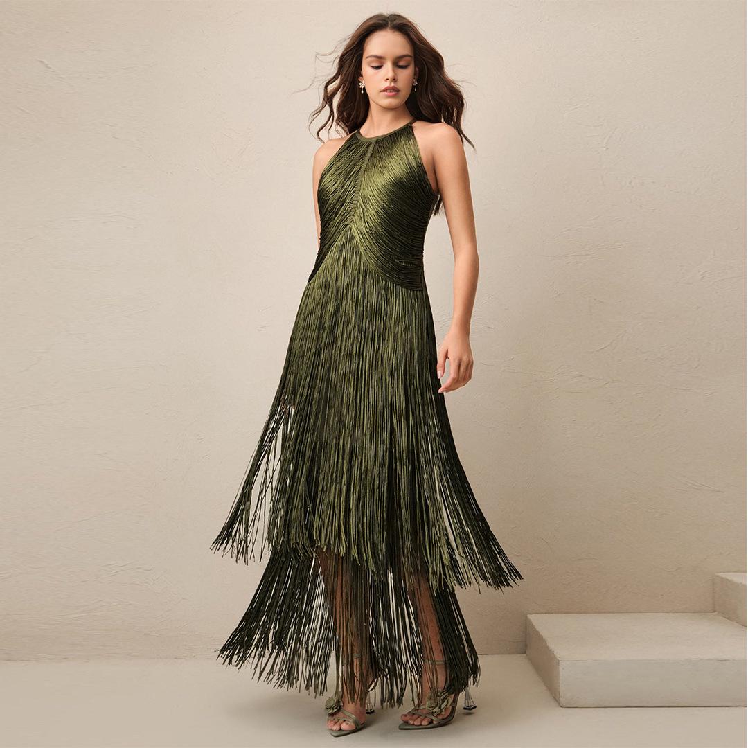 

Women s Tassel Sleeveless Waist-Cinching Bandage Evening Gown Extra Large
