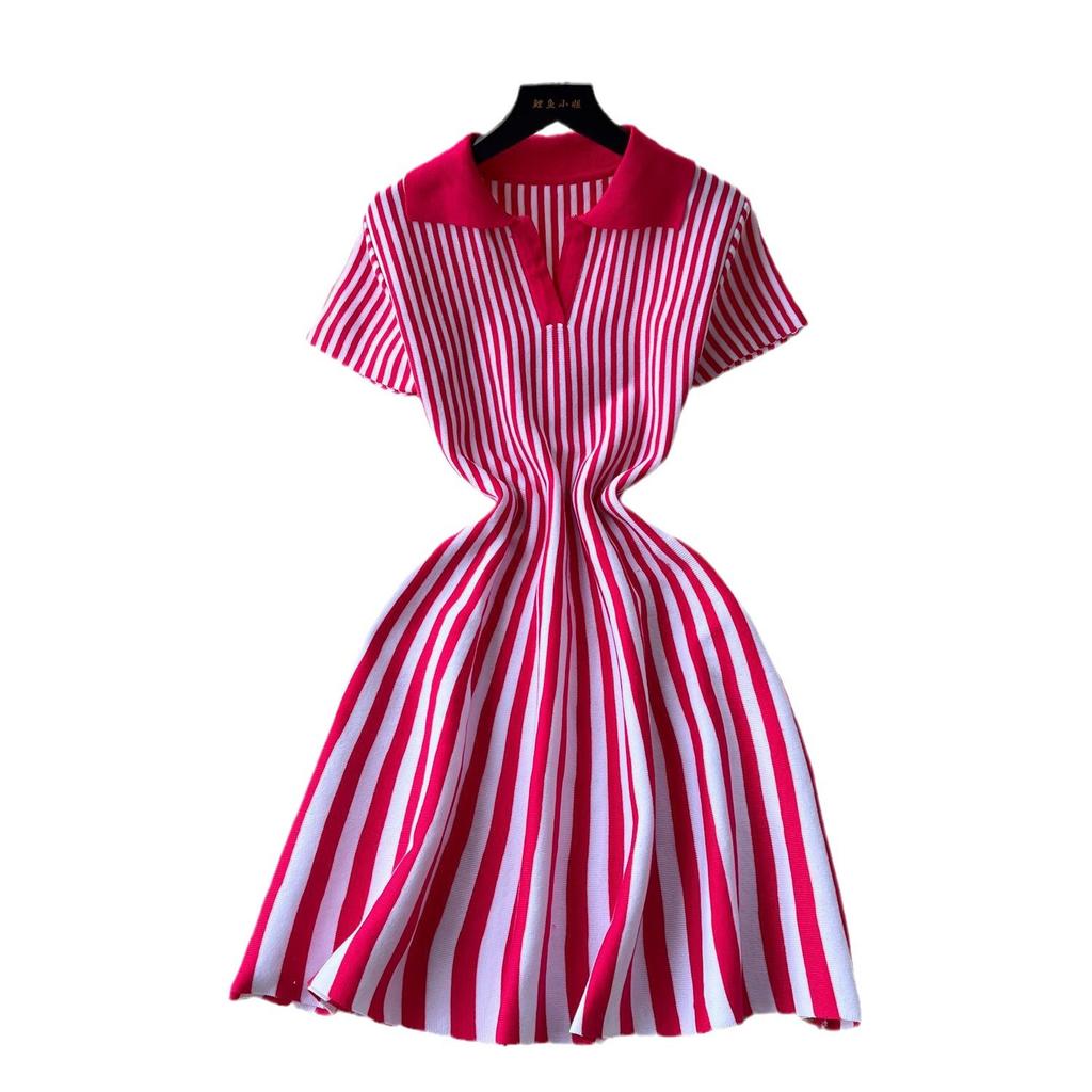 French Contrasting Color Retro Lapel Short-sleeved Striped Knitted Dress, Women's Waist Temperament and Thin A-word Short Skirt