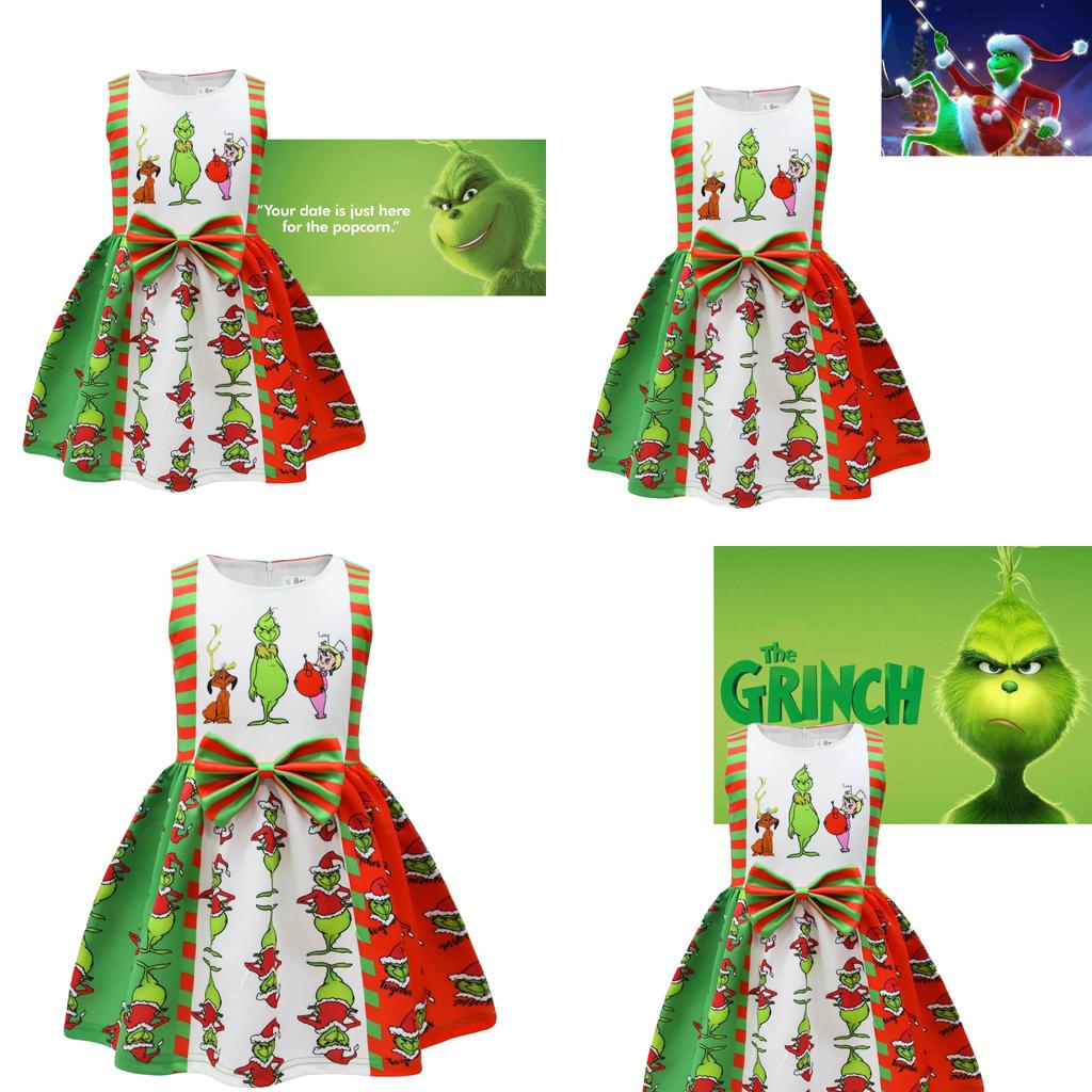 Grinch Halloween Sleeveless Dress For Kids Soft And Comfortable Polyester Material
