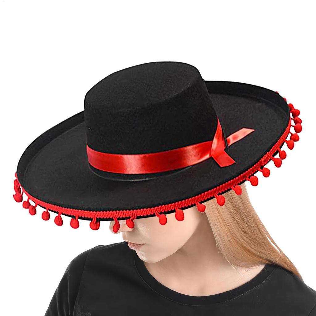 1pcs Spanish-style Hat Soft Sombrero Caps Traditional Halloween Fuzz Ball Mexican Sombrero Hats Wide Brim Design Carnival Costum