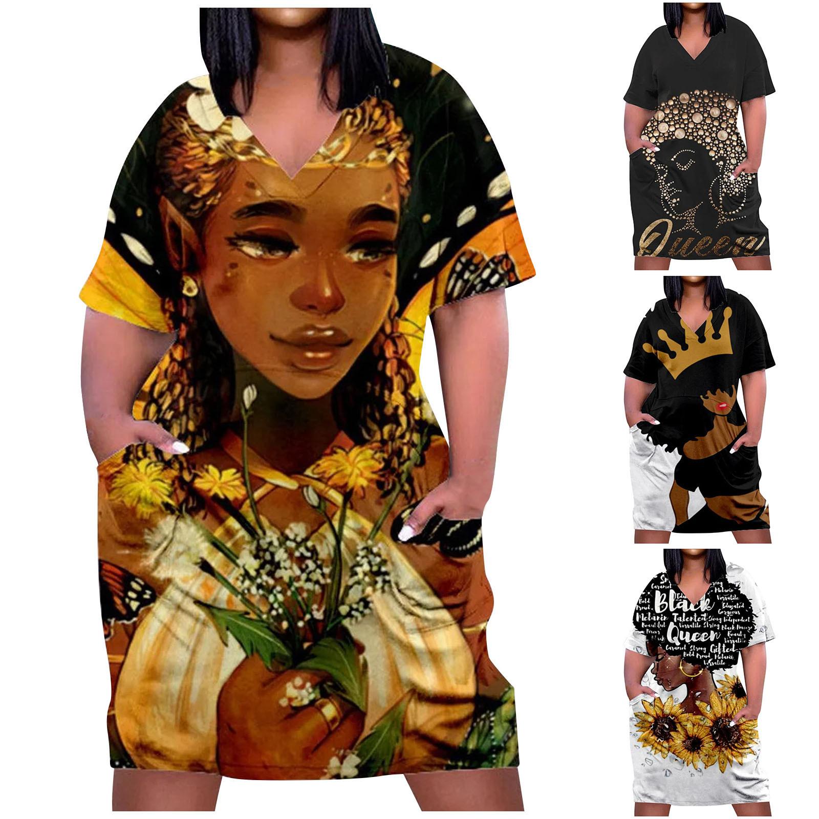 

Women s Summer Fashion Slim Print V-neck Short Sleeve Pocket Large Dress