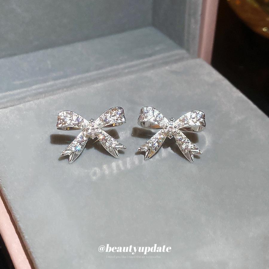 Elegant Silver Bowknot Zircon Stud Earrings for Women – Light Luxury & Versatile Design
