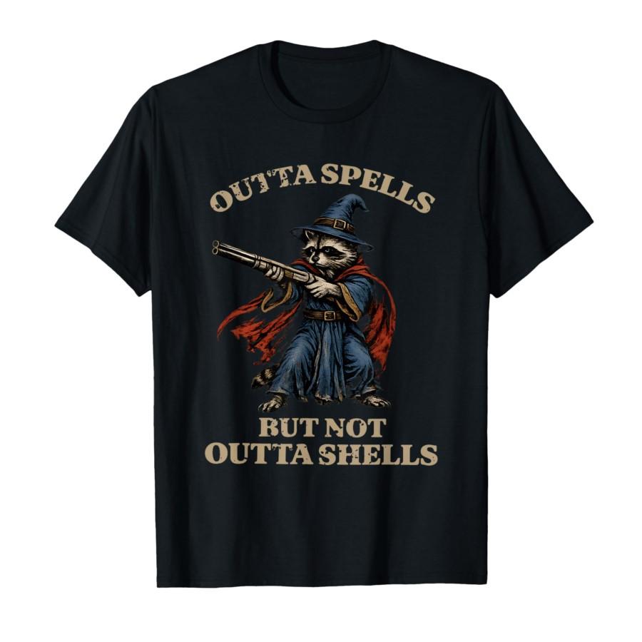 

Outta Spells But Not Outta Shells Funny Wizard Raccoon Meme T-shirt For Men Women 100% Cotton T Shirts Short Sleeve Tops 0227... S разноцветный
