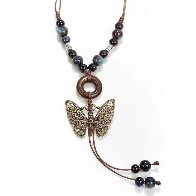 New Chinese style new ethnic style butterfly long necklace sweater chain antique clothes pendant necklace