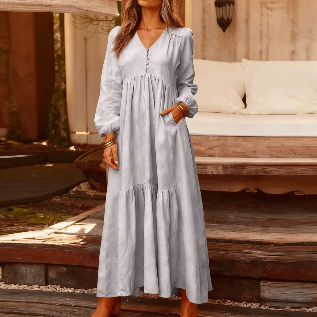 Women's Fashionable Solid Color V-neck Long Sleeved Loose Button Cotton Linen Retro Large Swing Long Casual Dress