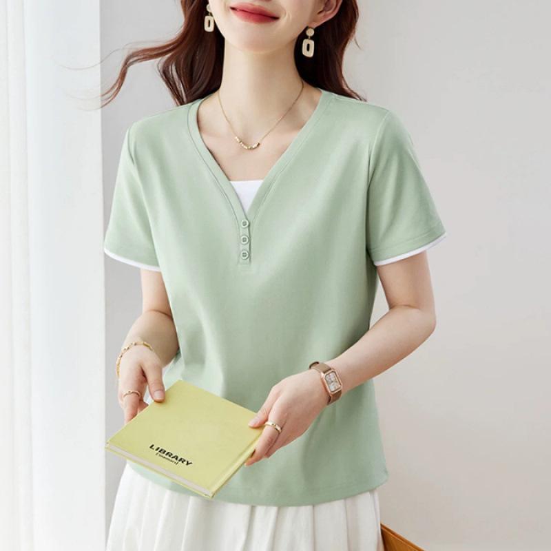 V-Neck Short-Sleeve T-Shirt for Women: Stylish Summer Loose Fit, Perfect for Middle-Aged Moms