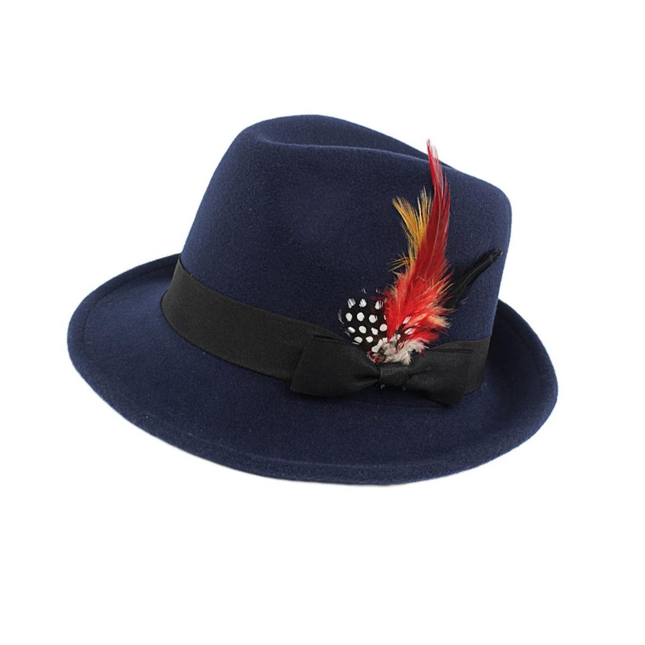 

Navy Blue Mens Crushable Handmade Fedora Hat with Wool Felt Bowknot and