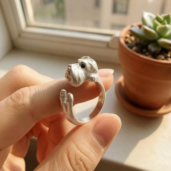 Couple Finger Ring Adjustable Band Imitation Silver Opening Design Finger Matte Texture Schnauzer