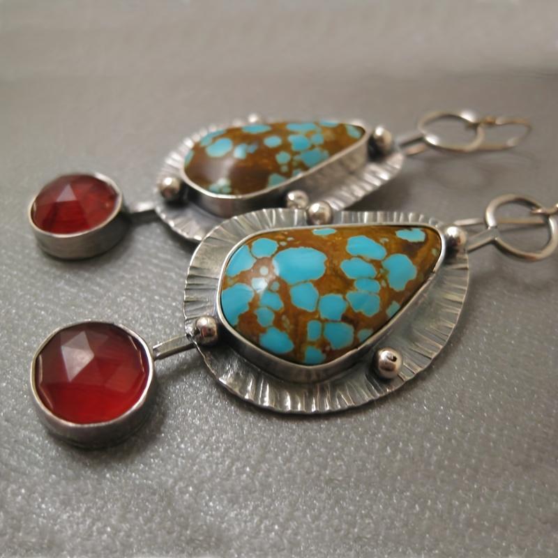 

Каплевидная форма бирюзовый декор подвесные серьги богемный этнический стиль сплав посеребренные украшения модный женский подарок