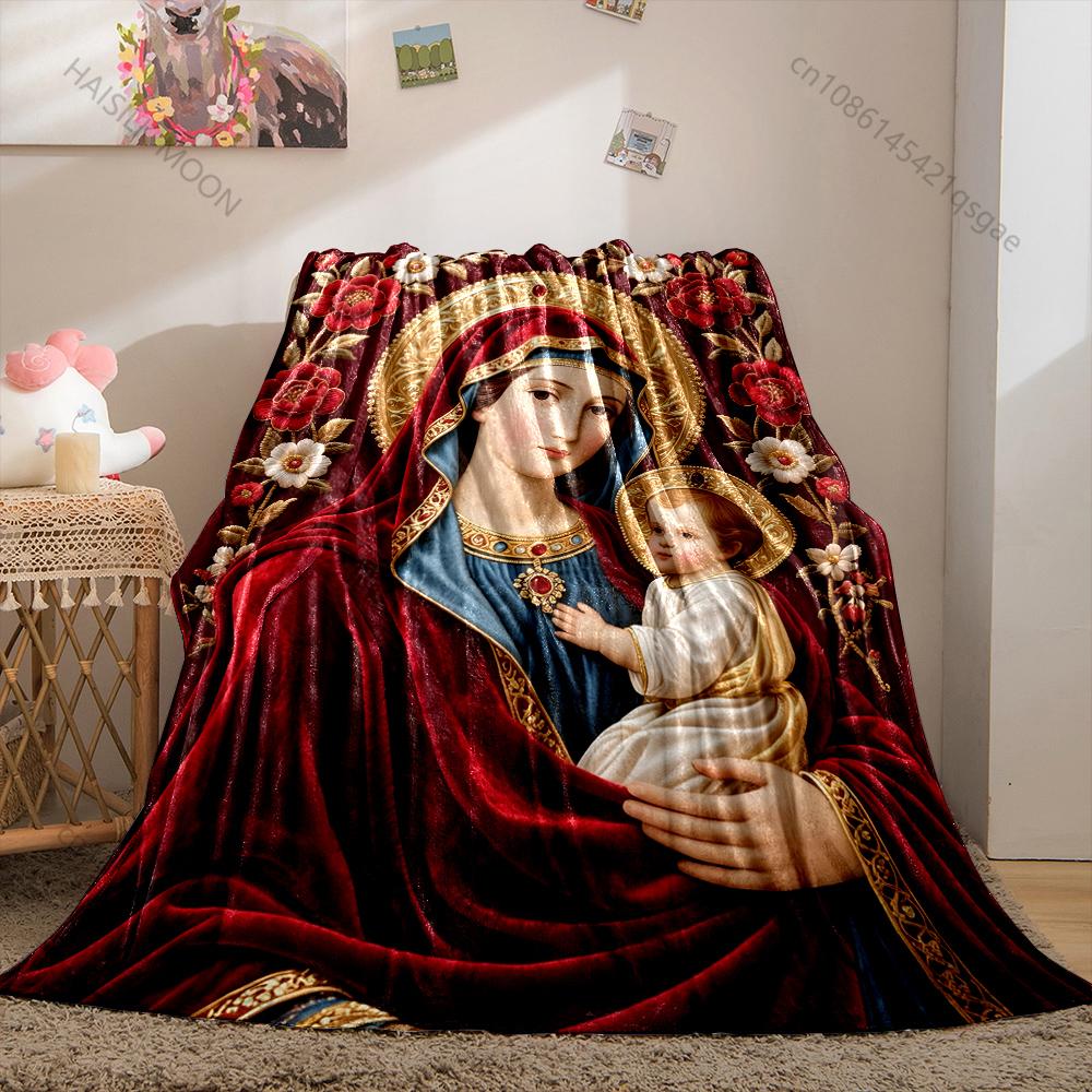 1PC The Red-robed Virgin Mary Holy Son Print Blanket Warm Soft Fluffy Kids and Adult Sofa Bed Throw Blanket Travel Camping RV