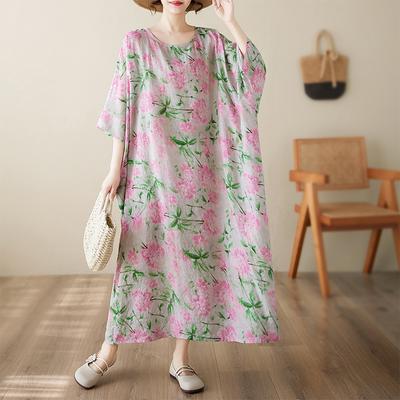 DIMANAF New 2025 Summer Dress Loose Women Vintage Printing Floral Casual Plus Size Dress O-Neck Dress Maxi
