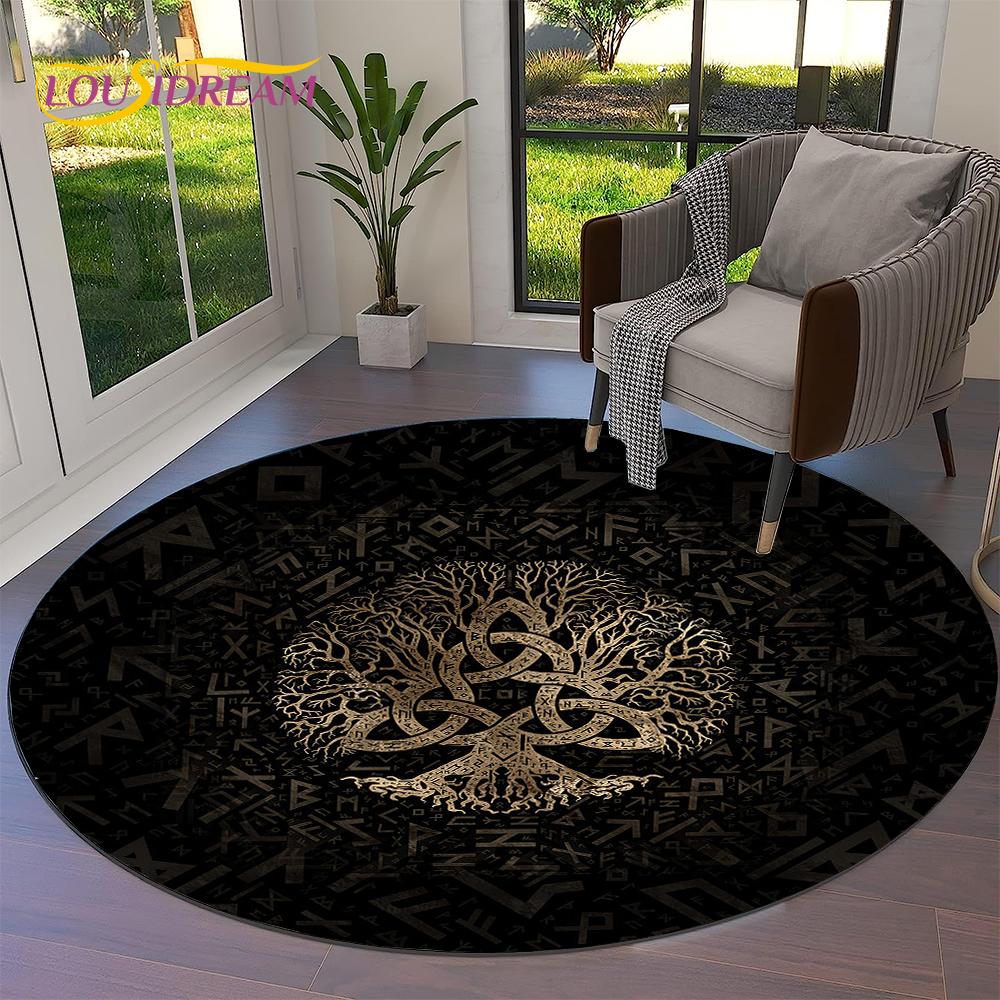 Tree of Life Viking Yggdrasil Valknut Round Carpet Rug for Living Room Bedroom Sofa Decor,Kid Paly Area Rug Non-slip Floor Mat