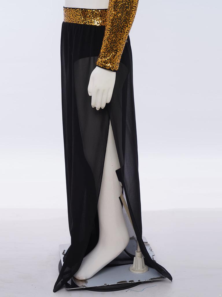 Fließende Chiffon-Überlage Tanzhose für Mädchen Weiter Bein Seitenschlitz Design Paillettenbund Performance Hose