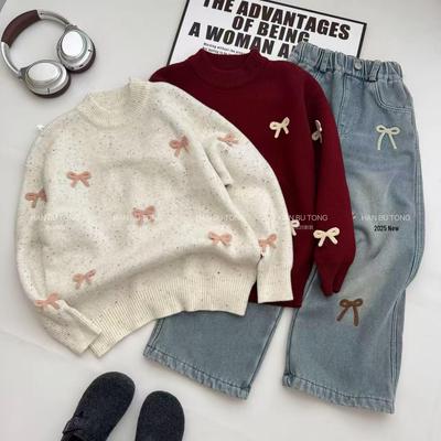 Conjunto de Suéter y Jeans para Niñas 2025: Jersey de Punto Cálido Otoño/Invierno con Lazo.