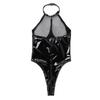 Gothic new sex underwear patent leather onesie dance clothes women's locomotive clothes mirror iron chain
