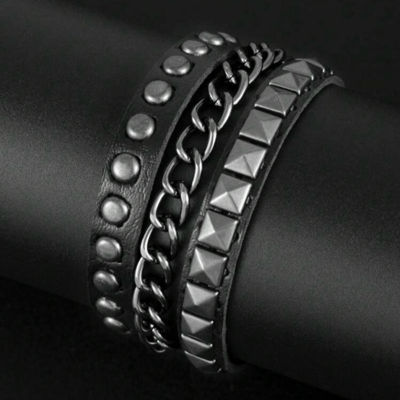 Punk-Stil Nieten Nieten Statement Armband Mehrlagig Herren Leder Armband