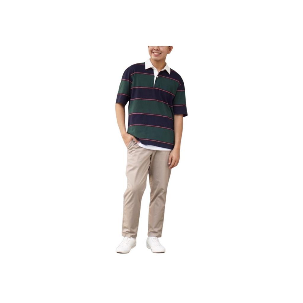 Uniqlo Striped Loose Casual Short Sleeve Polo Shirt Unisex Tops Dark-Green 448767-58