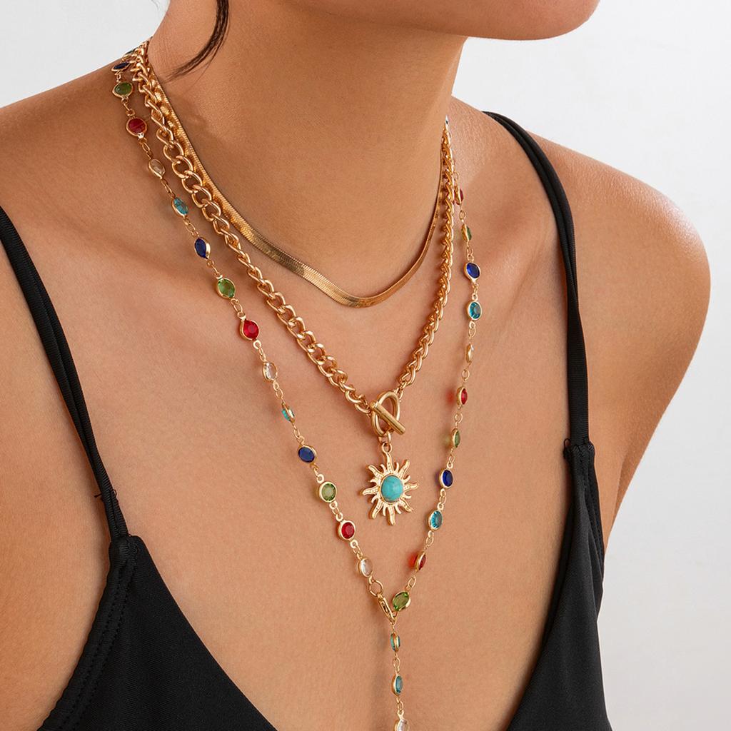 IngeSight.Z 3 Stück/Set Boho Bunt Kristall Lange Kette Sonnenblumen Anhänger Halskette Damen Einfach Flach Schlangen Kette Choker Schmuck