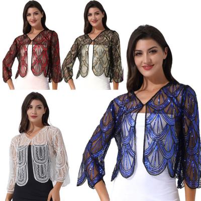 Kadın pullu içi boş dantel Bolero uzun kollu kanca-göz kapatma omuz silkme hırka düğün olay elbise aksesuarları