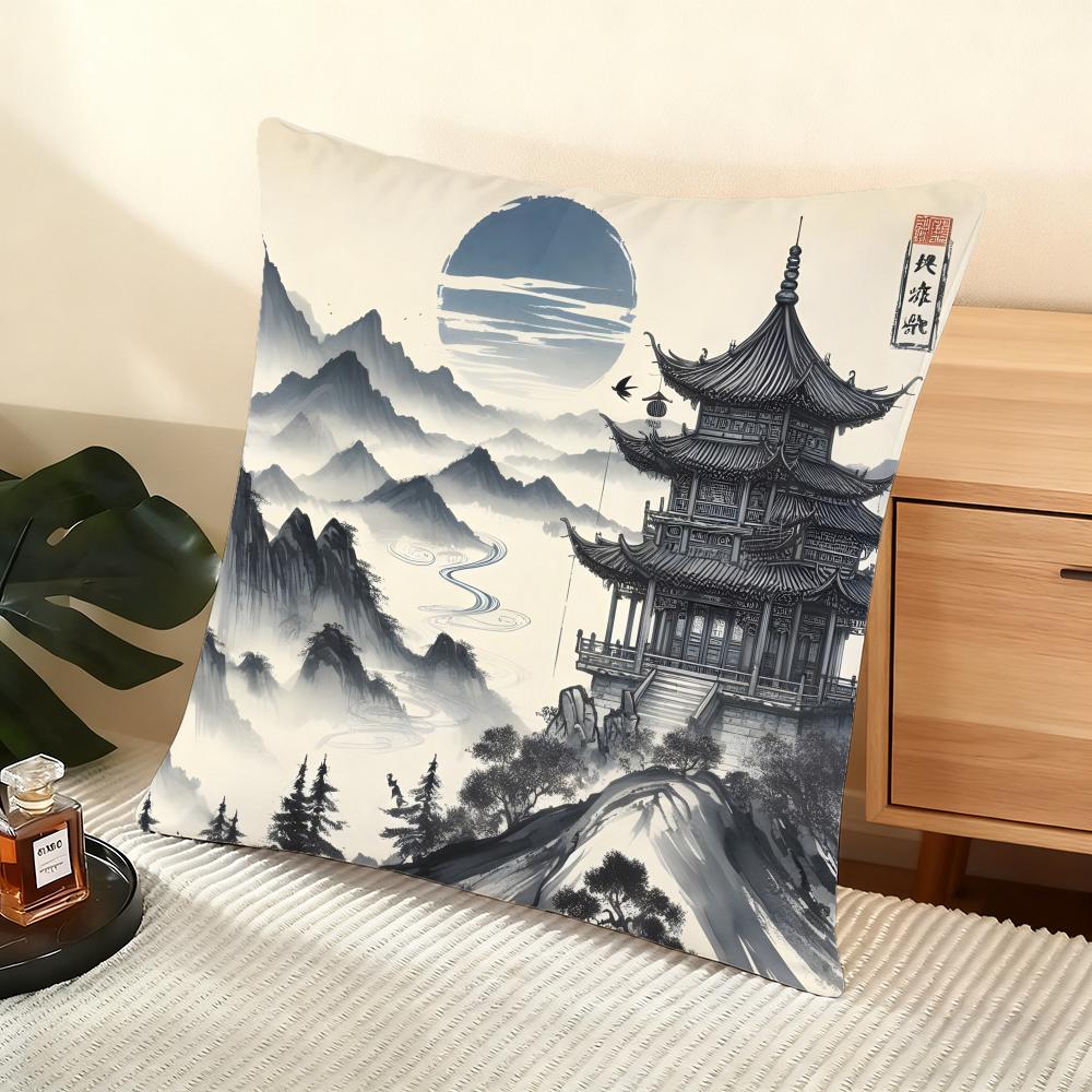 Chinese Ink Painting Style Cushion Cover Soft Short Plush Pillow Cover Smooth Cozy Texture Aesthetic Cushion Case Home Decor