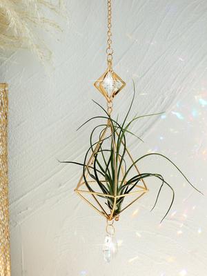 Garten-Sonnenfänger Gold Hängender Luftpflanzenhalter Tillandsia Luftpflanzen Aufhänger Luftfarn Display Pflanzgefäß mit Kristall Heimdekoration