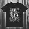 Lilith, Koszulka z Drewnorytem Vintage, Koszulka Bogini, Królowa Demonów, Koszulka Czarnego Księżyca, Moda Gotycka, Straszna Koszulka Unisex z Krótkim Rękawem