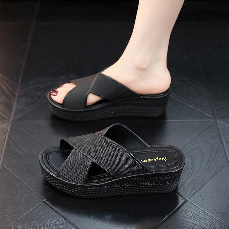 Fashion New Style Slope Heel Slippers Women's Summer Casual High Heel Sandals Female Anti Slip Plastic Beach Thick Sole Sandals Womens