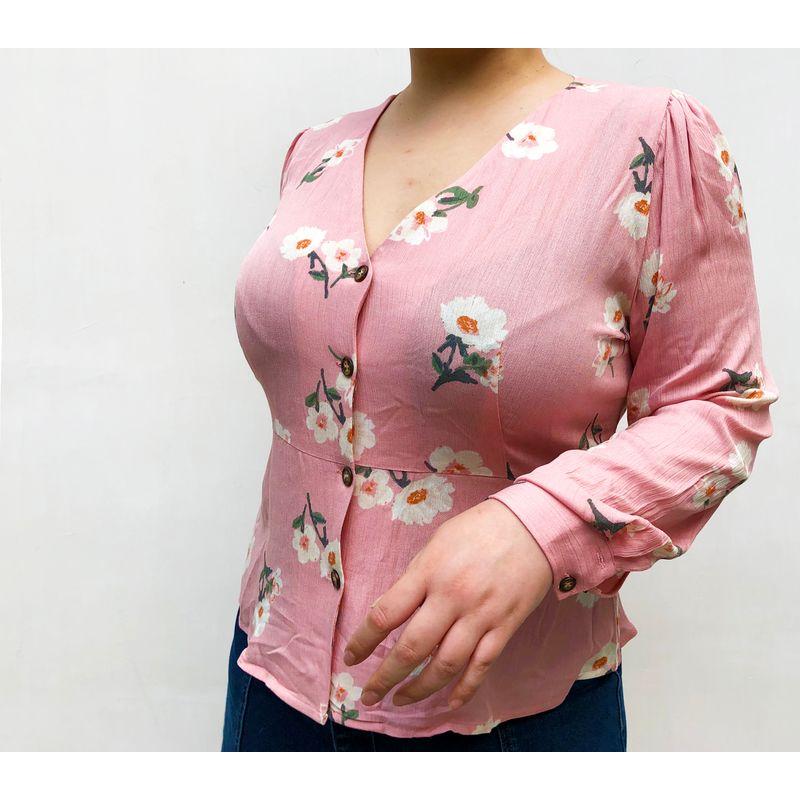 

50% off Miss Biggie European and American Plus size Slimming Versatile Hem Lotus Leaf V-neck Long sleeve Cotton Silk Shirts Top Shallow powder XXL