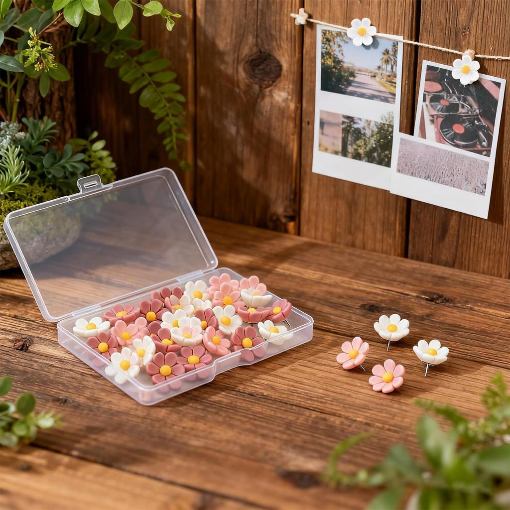 Cute Flower Push P, 30Pcs Aesthetic Thumb Tacks with Rust-Proof Metal Tips for Cork Bulletin Board, Photo Walls, Office & Home Decor