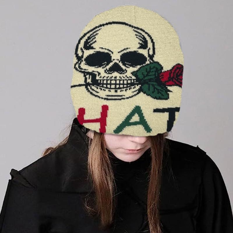 Teens Elastic Beanie Knit Skull Caps with Jacquard Skull&Rose Pattern Skiing Hat