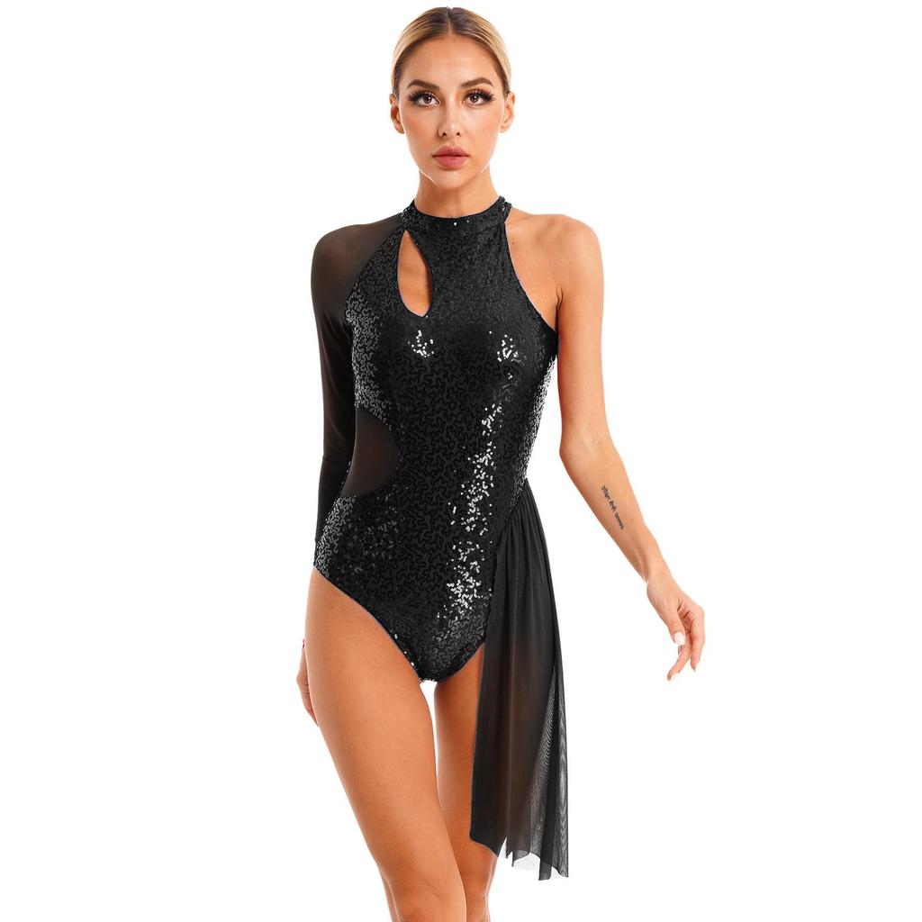Robe de Patinage Artistique Femme Paillettes Séquins Justaucorps Une Épaule Maille Transparente Manches Longues Col Halter Vêtements de Danse