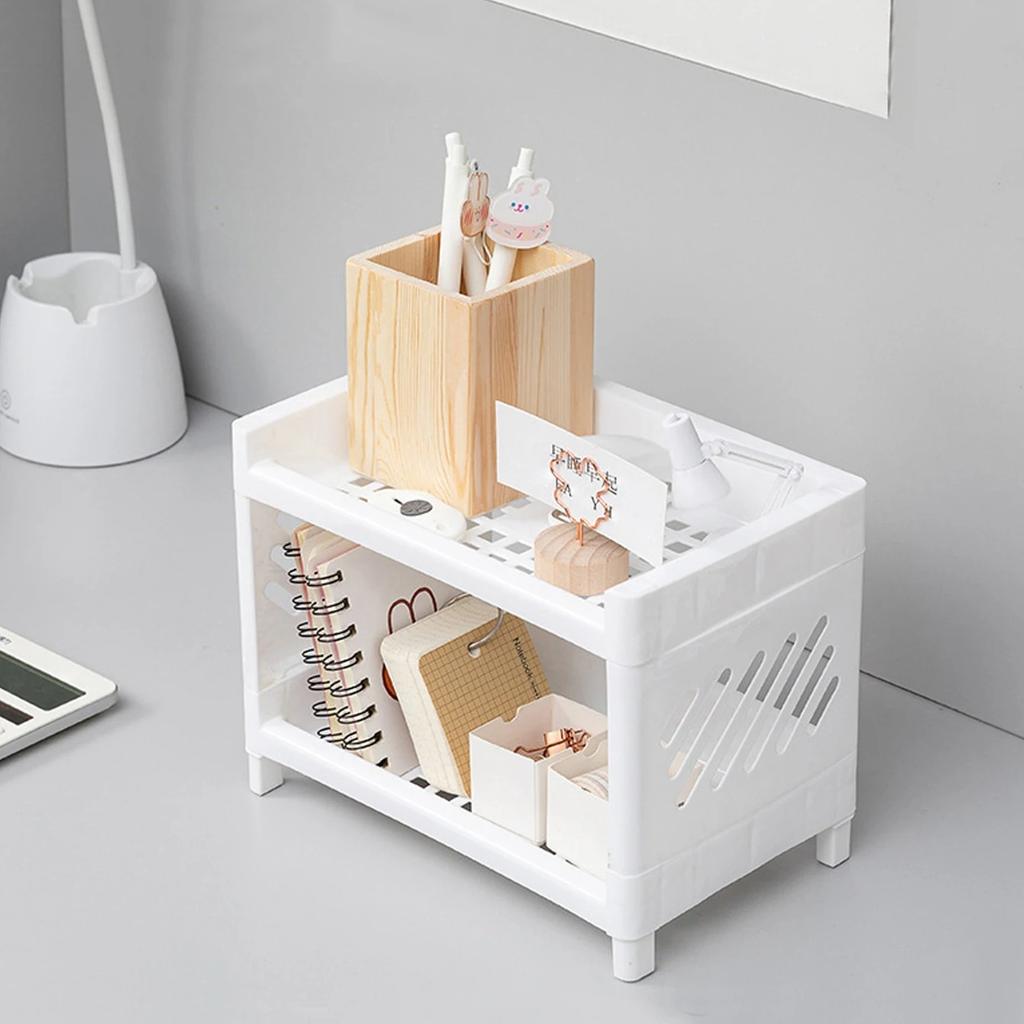 1PC PP Desktop Double Layer Storage Rack Rectangular White Organizing Student Desk Office Cosmetics Stationery