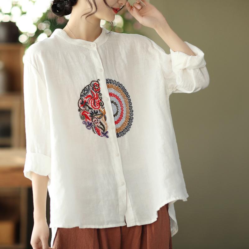 Women Casual Shirts Arrival  Spring Vintage Style Stand Collar Embroidery All-match Loose Female Long Sleeve Tops