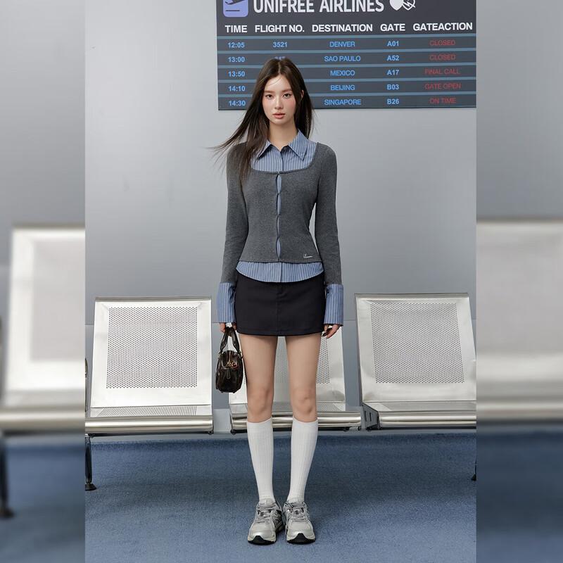 UNIFREE Women s Academy Style Fake Two-Piece Long-Sleeve T-Shirt S