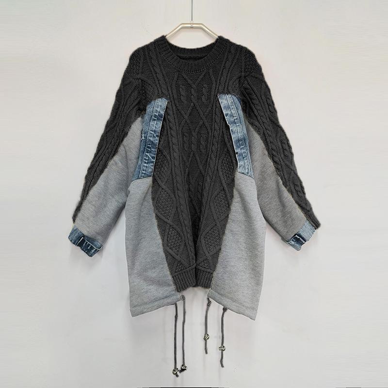 2024 Autumn Korean Loose-Fit Sweater: Round Neck, Long Sleeve, Denim Splicing Design