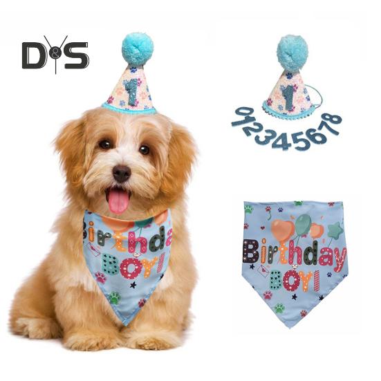 Dog Birthday Costume Accessory Pet Hat Bandana Numbers Set Puppy Dress Up Triangle Scarf Outfit for Small Medium Large Dogs