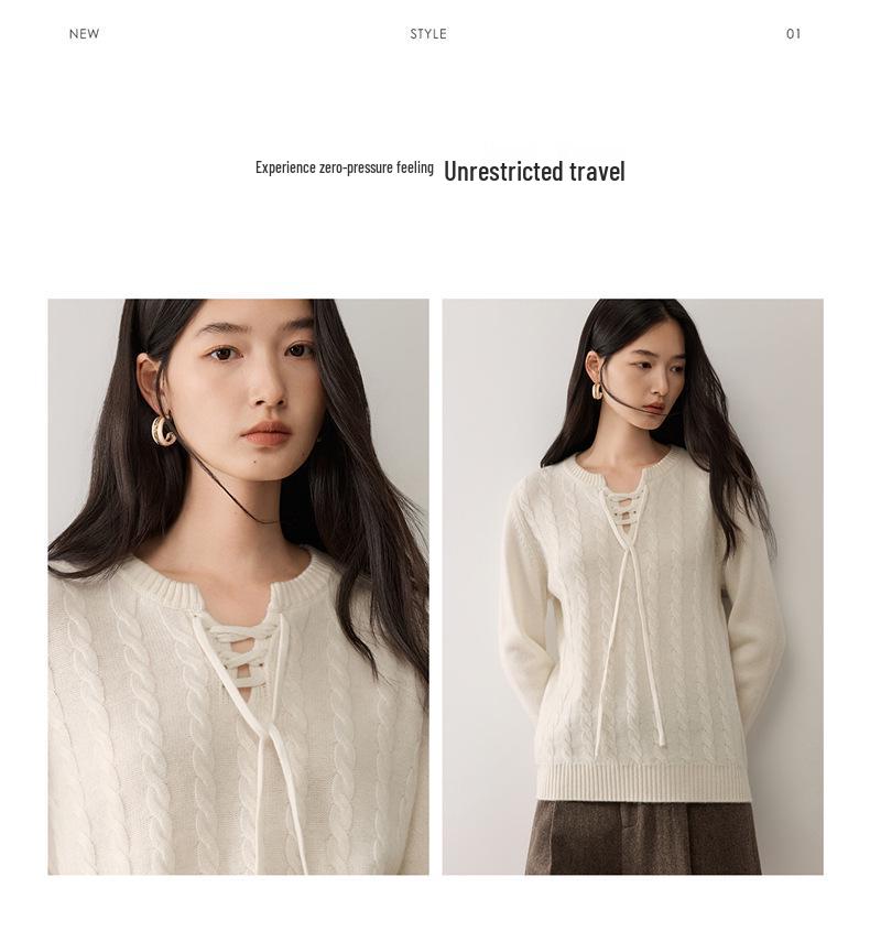 Lekasha Women's Cashmere Cable Knit Base Layer - Autumn/Winter, Seven-Gauge, Lace-Up, Loose Fit, Thick Round Neck.