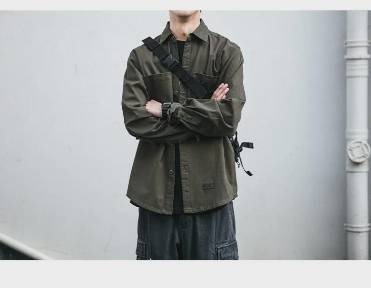 Men's Long Sleeve Japanese Retro Work Shirt - Korean Style Trendy Loose Fit with Pocket, Versatile Youth Casual Jacket.